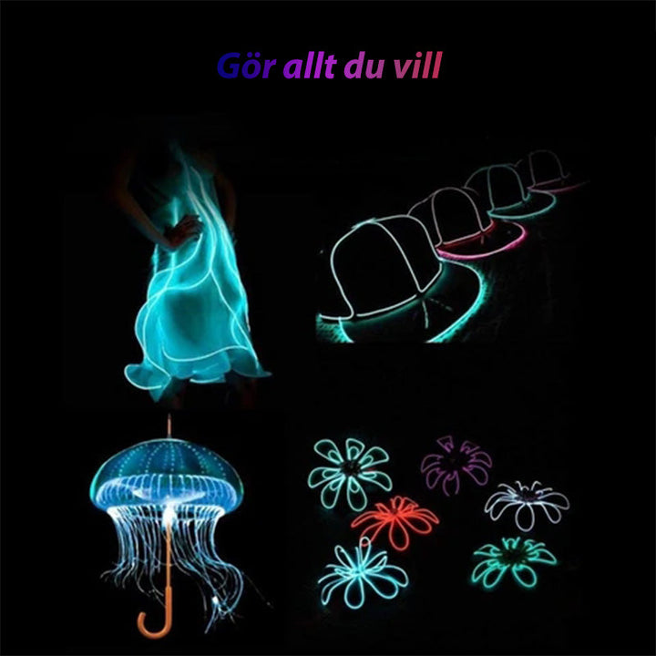 "LED-ljus Stickman Kit för fester, visar lysande linjer i olika färger på kläder. Perfekt för uppträdanden."