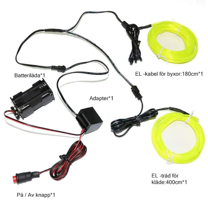 "LED-ljus Stickman Kit för fester, visar lysande linjer i olika färger på kläder. Perfekt för uppträdanden."