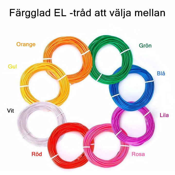 "LED-ljus Stickman Kit för fester, visar lysande linjer i olika färger på kläder. Perfekt för uppträdanden."