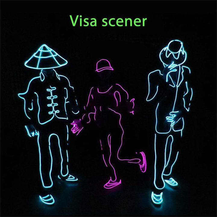 "LED-ljus Stickman Kit för fester, visar lysande linjer i olika färger på kläder. Perfekt för uppträdanden."