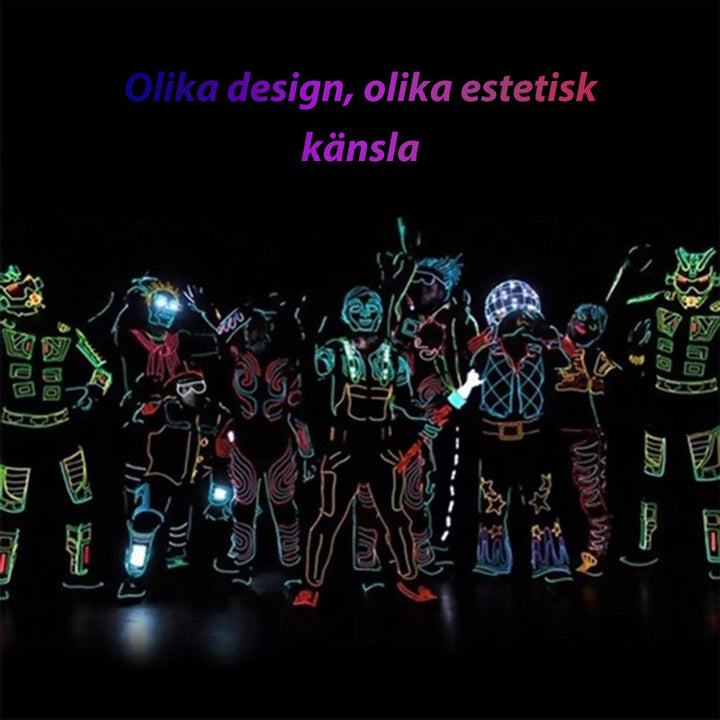 "LED-ljus Stickman Kit för fester, visar lysande linjer i olika färger på kläder. Perfekt för uppträdanden."