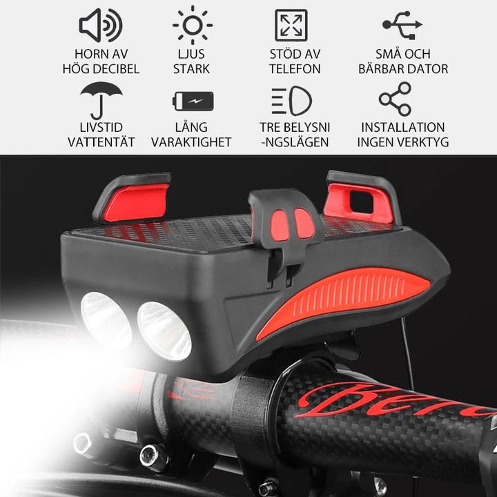 "LED mobilhållare för cykel, starkt ljus, röd färg, med mobil monterad, multifunktionell och säker för nattcykling."