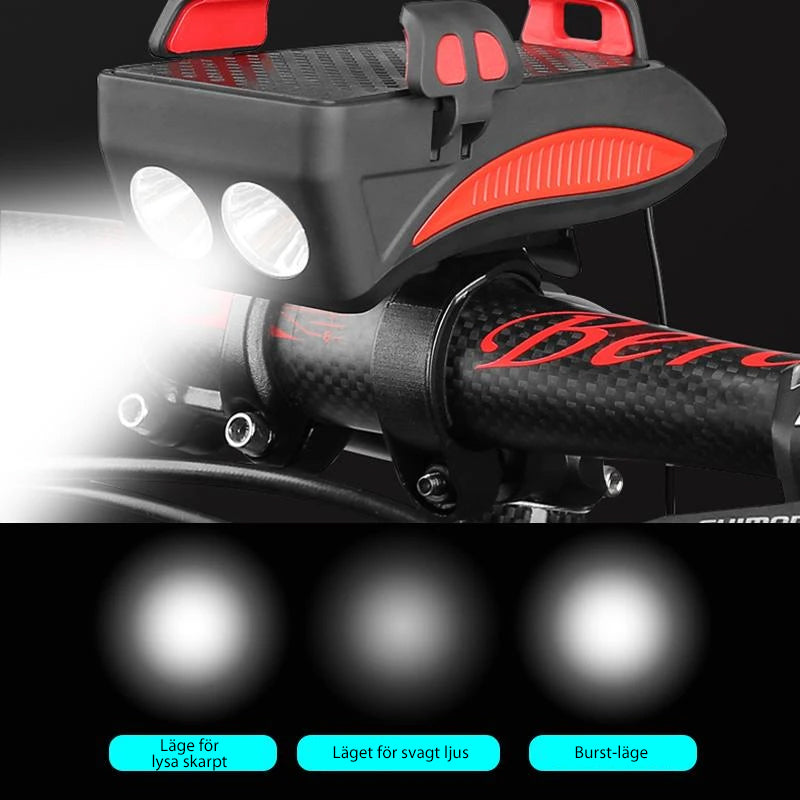 "LED mobilhållare för cykel, starkt ljus, röd färg, med mobil monterad, multifunktionell och säker för nattcykling."