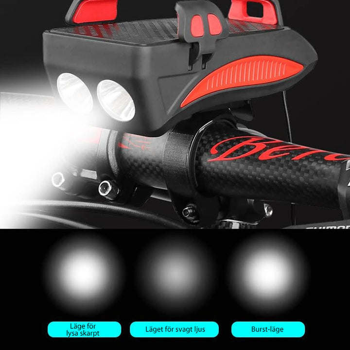 "LED mobilhållare för cykel, starkt ljus, röd färg, med mobil monterad, multifunktionell och säker för nattcykling."