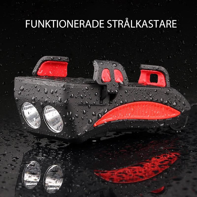 "LED mobilhållare för cykel, starkt ljus, röd färg, med mobil monterad, multifunktionell och säker för nattcykling."