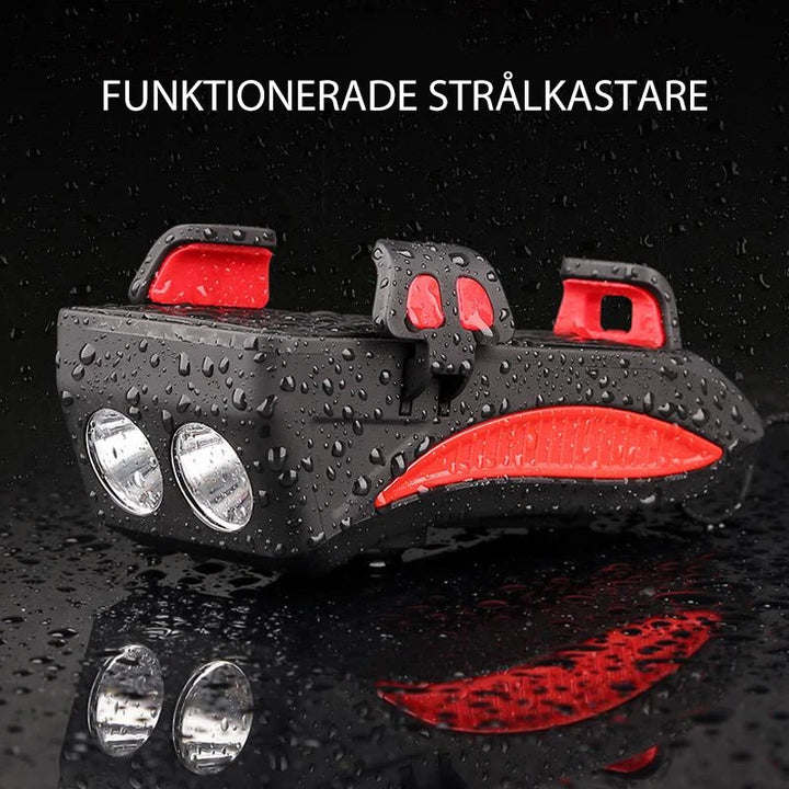 "LED mobilhållare för cykel, starkt ljus, röd färg, med mobil monterad, multifunktionell och säker för nattcykling."