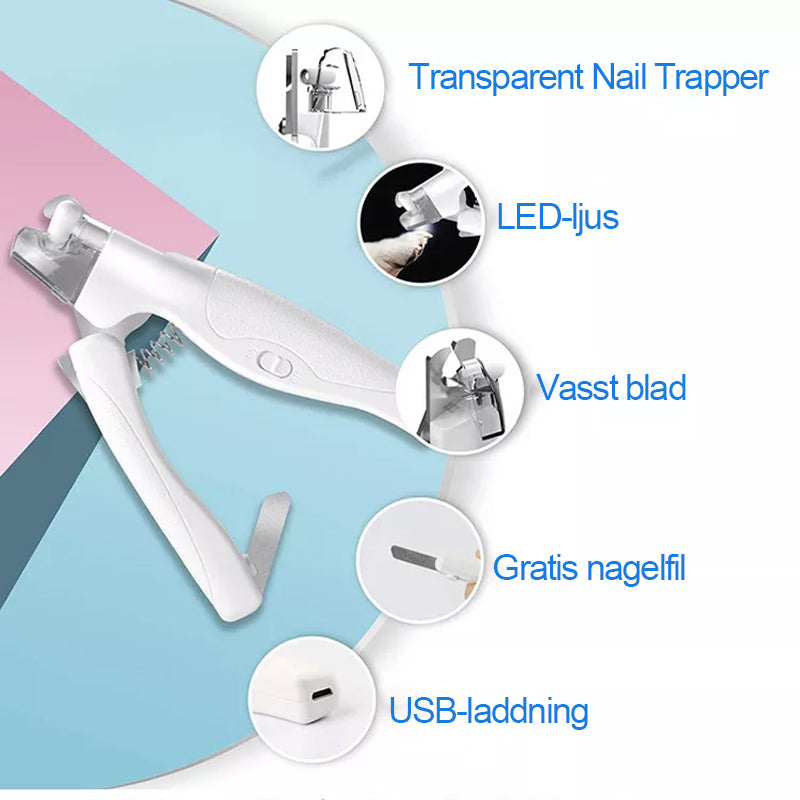 "LED nagelklippare för husdjur med ergonomiskt handtag, LED-ljus för säker klippning, blå och vit färg."