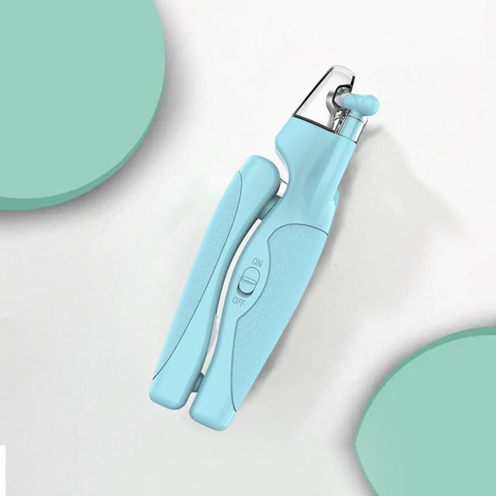 "LED nagelklippare för husdjur med ergonomiskt handtag, LED-ljus för säker klippning, blå och vit färg."