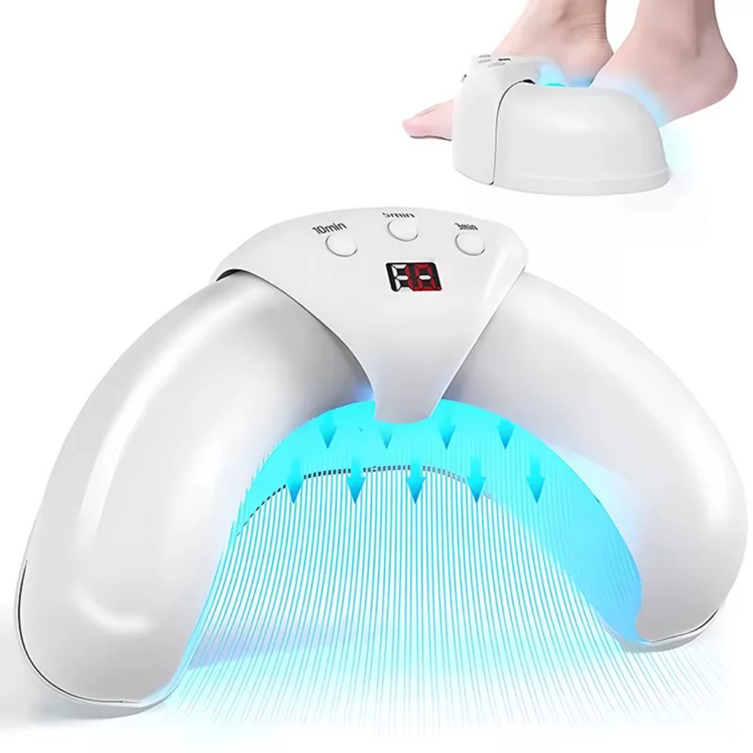 LED-nagelvårdsapparat för fötter med rött och blått ljus. För hemmafotvård och förbättrad nagelhälsa.