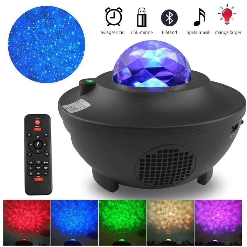 "LED nattlampa med färgprojektion och Bluetooth-högtalare, visar färgglada ljuseffekter i mörkt rum."