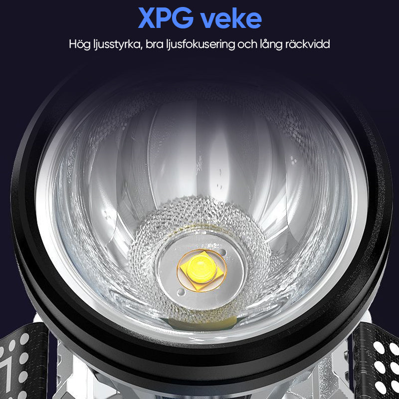 "LED-pannlampa med stark XPG LED, vattentät, USB-utgång, grå aluminium, idealisk för utomhusäventyr och arbetsmiljöer."
