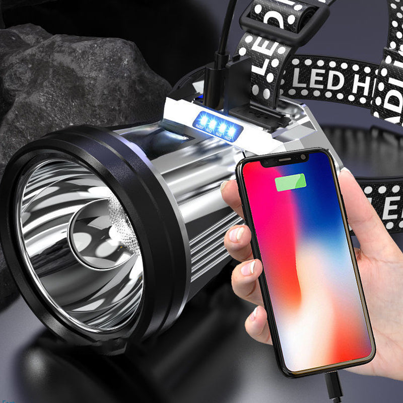 "LED-pannlampa med stark XPG LED, vattentät, USB-utgång, grå aluminium, idealisk för utomhusäventyr och arbetsmiljöer."
