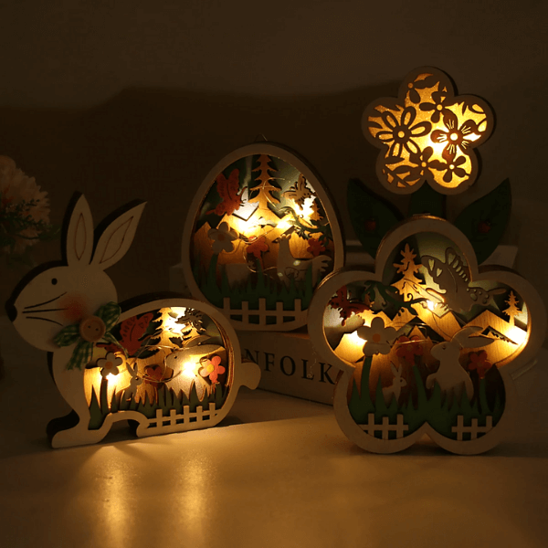 "LED påskdekoration i trä med kanindesign, varm belysning för heminredning, batteridriven och hållbar"