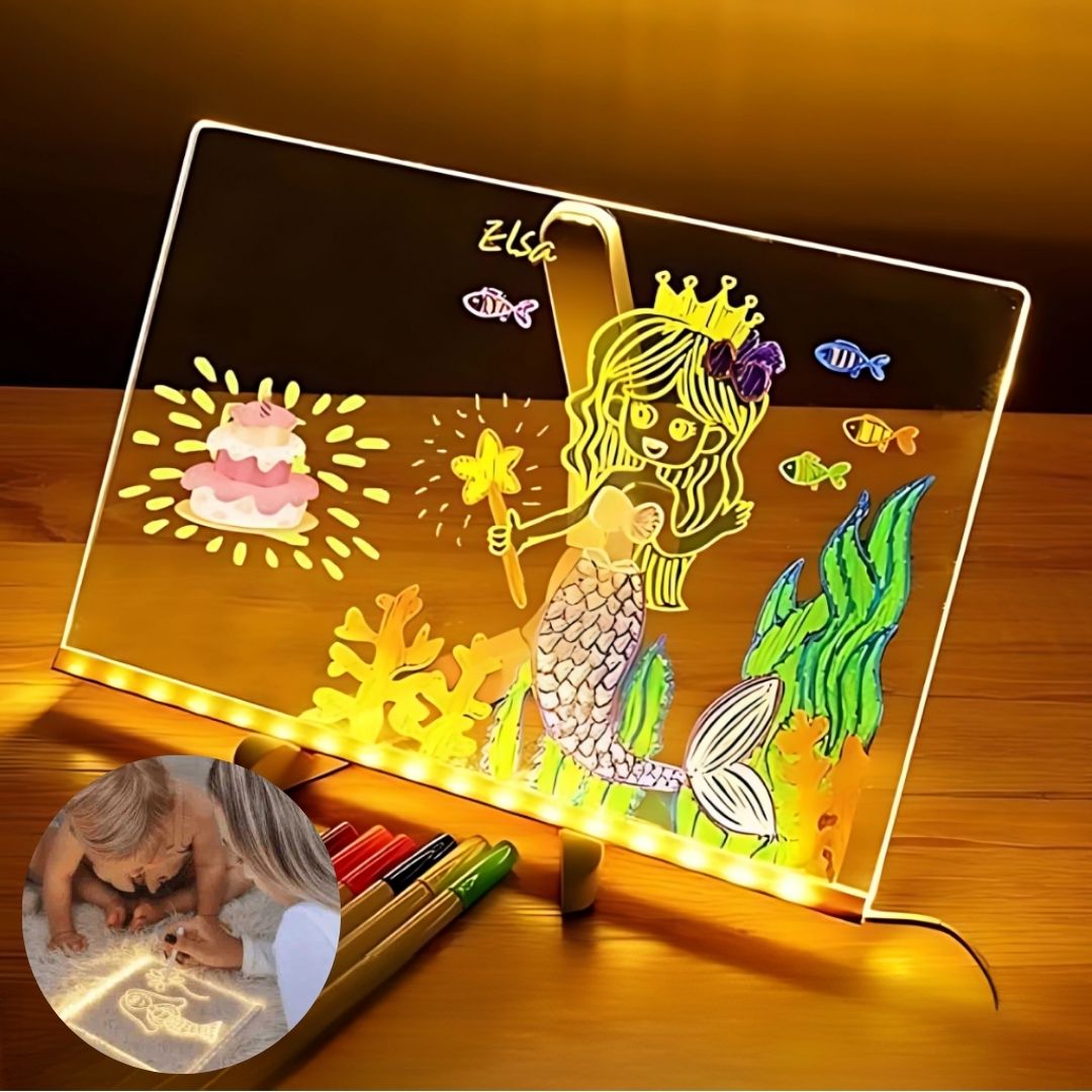 Barn ritar och skriver på IllumiSkriv LED ritplatta. Främjar kreativ lek och lärande hos barn.