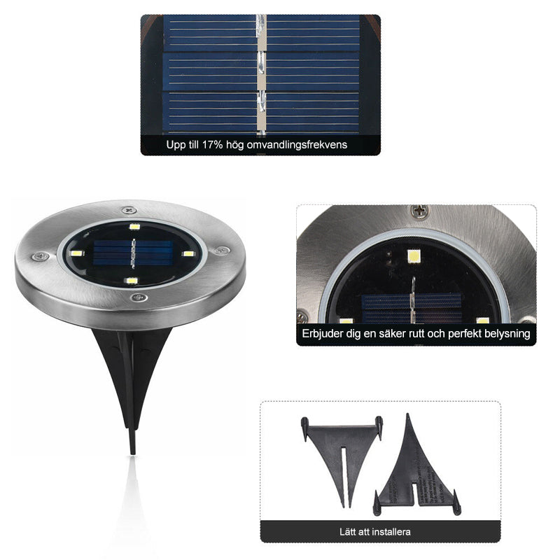 "LED solcellsmarkbelysning för utomhusbruk i rostfritt stål, 8 LED-lampor, rund design, vattentålig och energisnål."