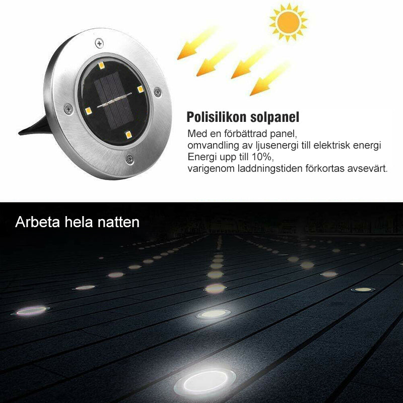 "LED solcellsmarkbelysning för utomhusbruk i rostfritt stål, 8 LED-lampor, rund design, vattentålig och energisnål."