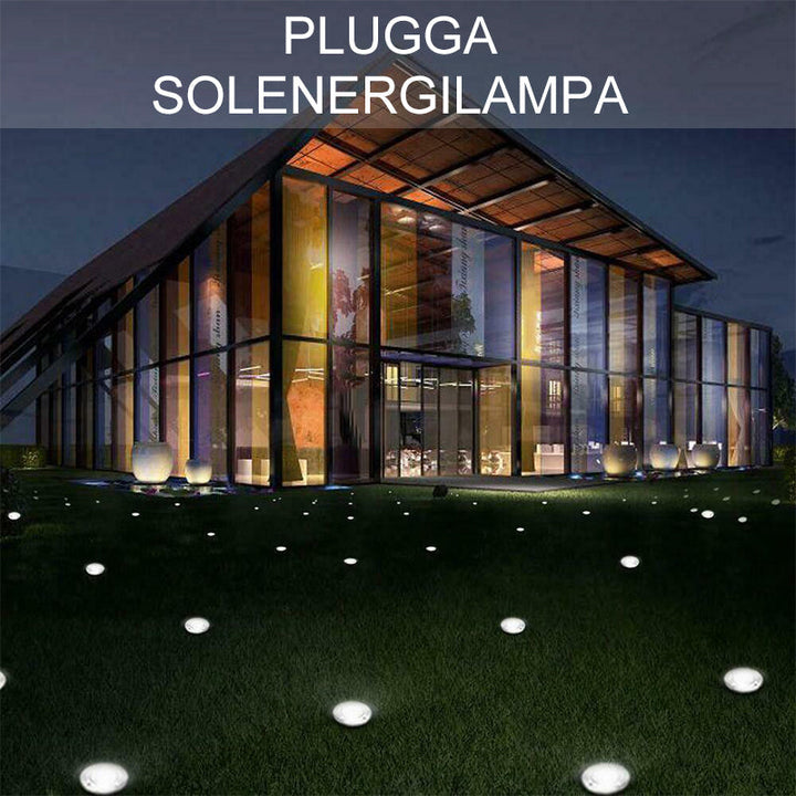 "LED solcellsmarkbelysning för utomhusbruk i rostfritt stål, 8 LED-lampor, rund design, vattentålig och energisnål."