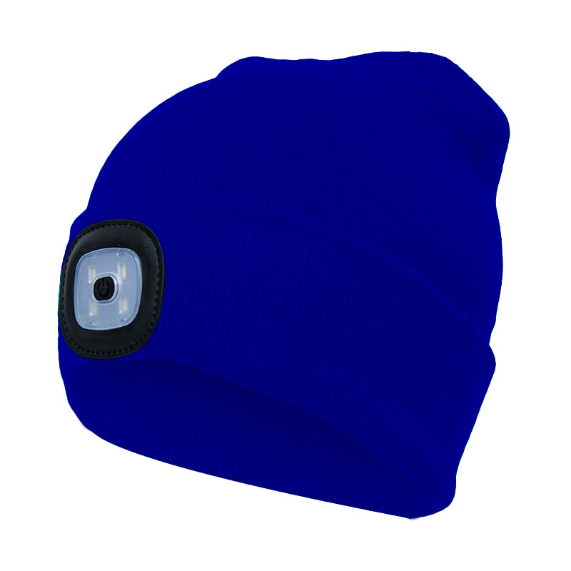 "LED stickad vintermössa för utomhusaktiviteter, grå akryl, med inbyggd lampa för säkerhet i mörker, accessoarbild."