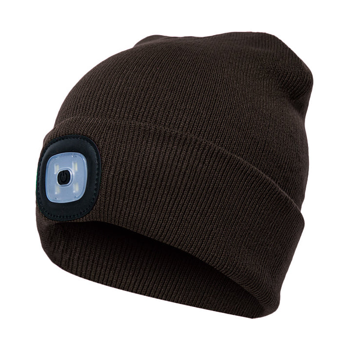 "LED stickad vintermössa för utomhusaktiviteter, grå akryl, med inbyggd lampa för säkerhet i mörker, accessoarbild."