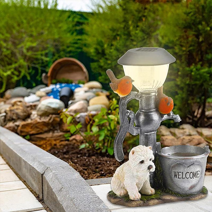 "LED Trädgårdsprydnad, katt eller hund, solcellsdrivet ljus, handmålad, väderbeständigt, för utomhusbruk."