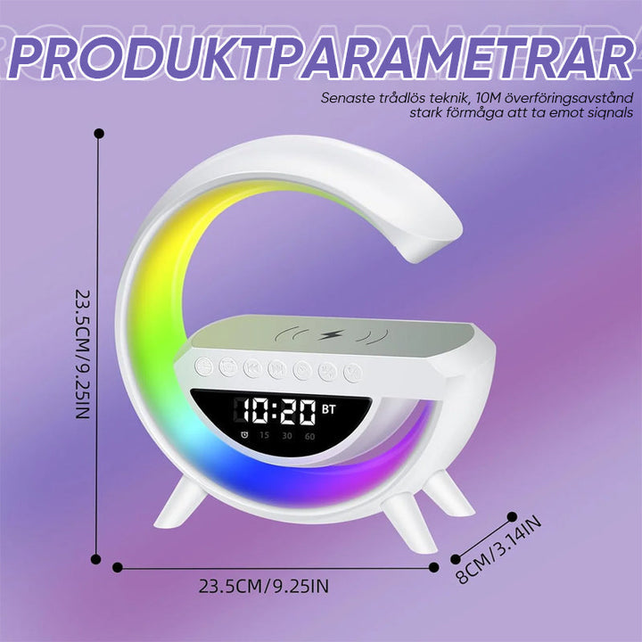 "LED trådlös laddningshögtalare med väckarklocka, modern G-form, sovrumstillbehör, högkvalitativt ljud, ljuseffekter."