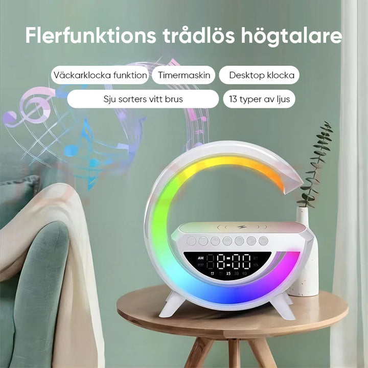 "LED trådlös laddningshögtalare med väckarklocka, modern G-form, sovrumstillbehör, högkvalitativt ljud, ljuseffekter."