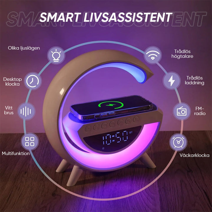 "LED trådlös laddningshögtalare med väckarklocka, modern G-form, sovrumstillbehör, högkvalitativt ljud, ljuseffekter."