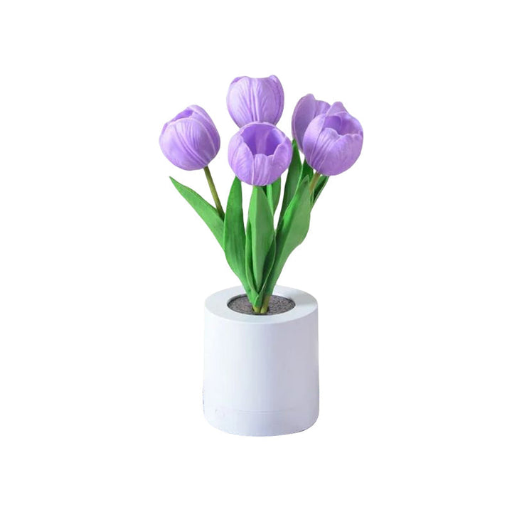 LED tulpan bordslampa i PU, uppladdningsbar. Eleganta vita, rosa och lila blommor med varmt ljus, höjd 30 cm.