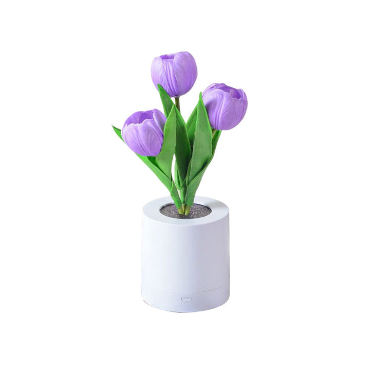 LED tulpan bordslampa i PU, uppladdningsbar. Eleganta vita, rosa och lila blommor med varmt ljus, höjd 30 cm.
