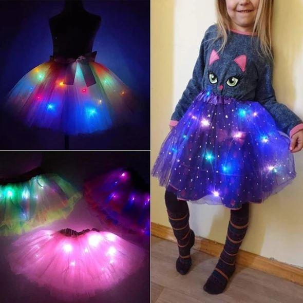 "LED upplyst tutu kjol för flickor, glittrar i mörkret med fantastiska ljuseffekter, perfekt för fester och maskerader."