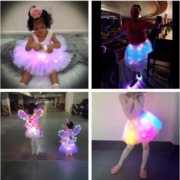 "LED upplyst tutu kjol för flickor, glittrar i mörkret med fantastiska ljuseffekter, perfekt för fester och maskerader."