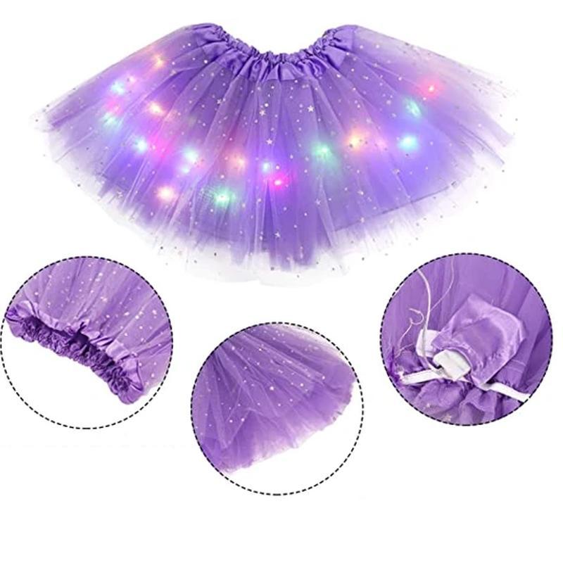 "LED upplyst tutu kjol för flickor, glittrar i mörkret med fantastiska ljuseffekter, perfekt för fester och maskerader."