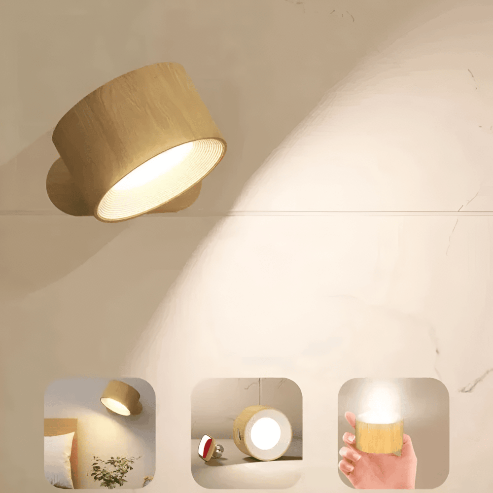 Modern LED-vägglampa med 360° roterbar belysning, perfekt som sänglampa med trådlös touchkontroll.