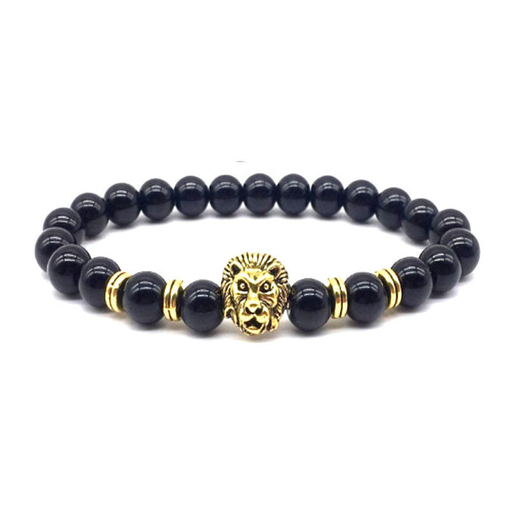 "Lejonarmband för män med onyx och stål, mattsvarta pärlor och lejonhuvud, symbol för styrka och kärlek"
