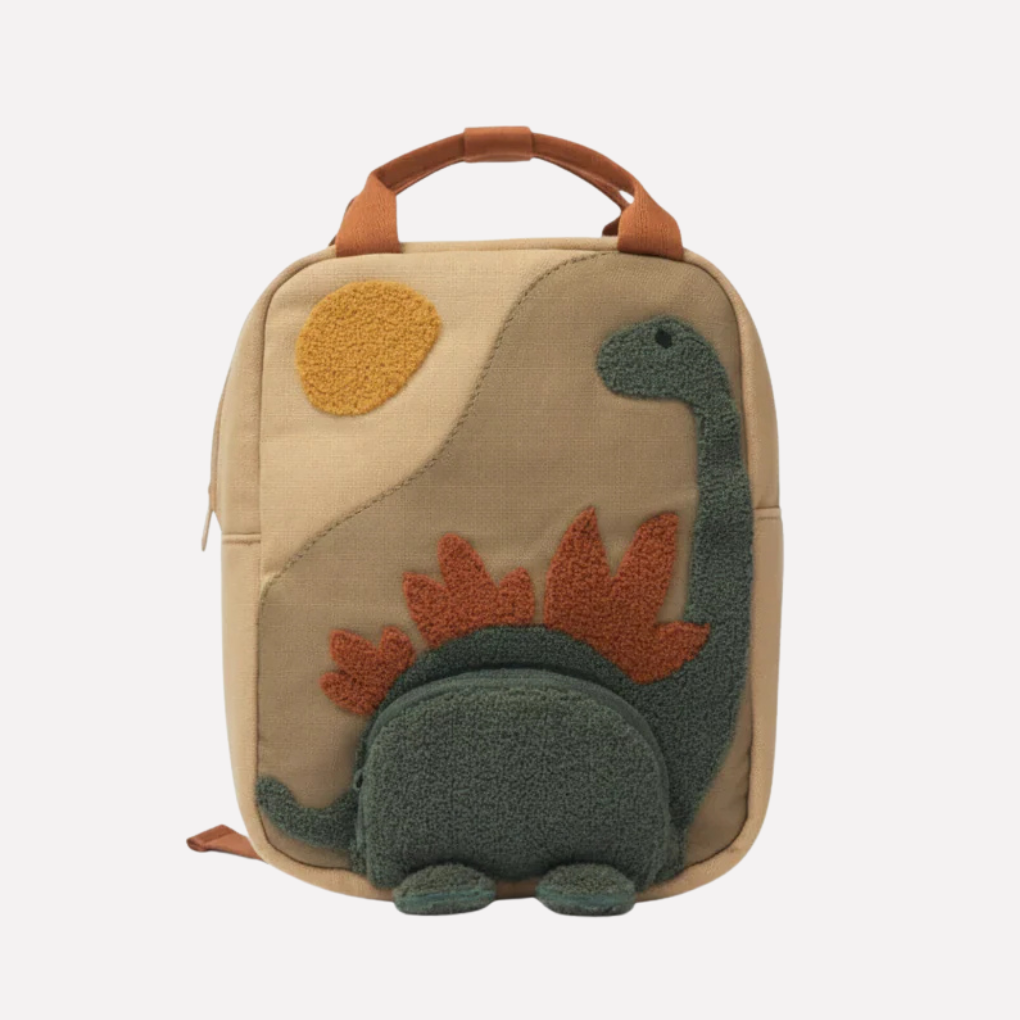 Lekfull beige barnryggsäck med djurmotiv, perfekt för förskola, dagis & skolstart. Praktisk skolväska för äventyrare.