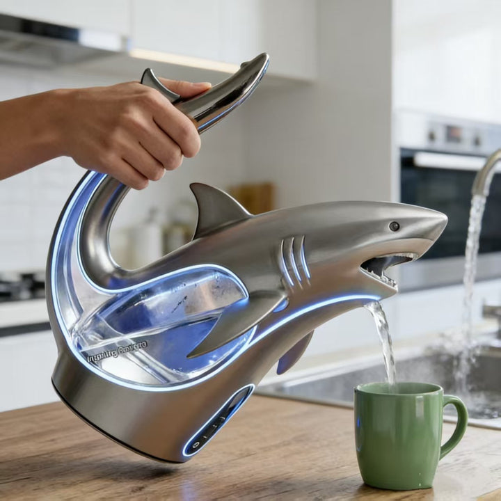 Snabbkokande vattenkokare i havstema, designad med glada delfiner och hajar. En säker och lekfull köksapparat.