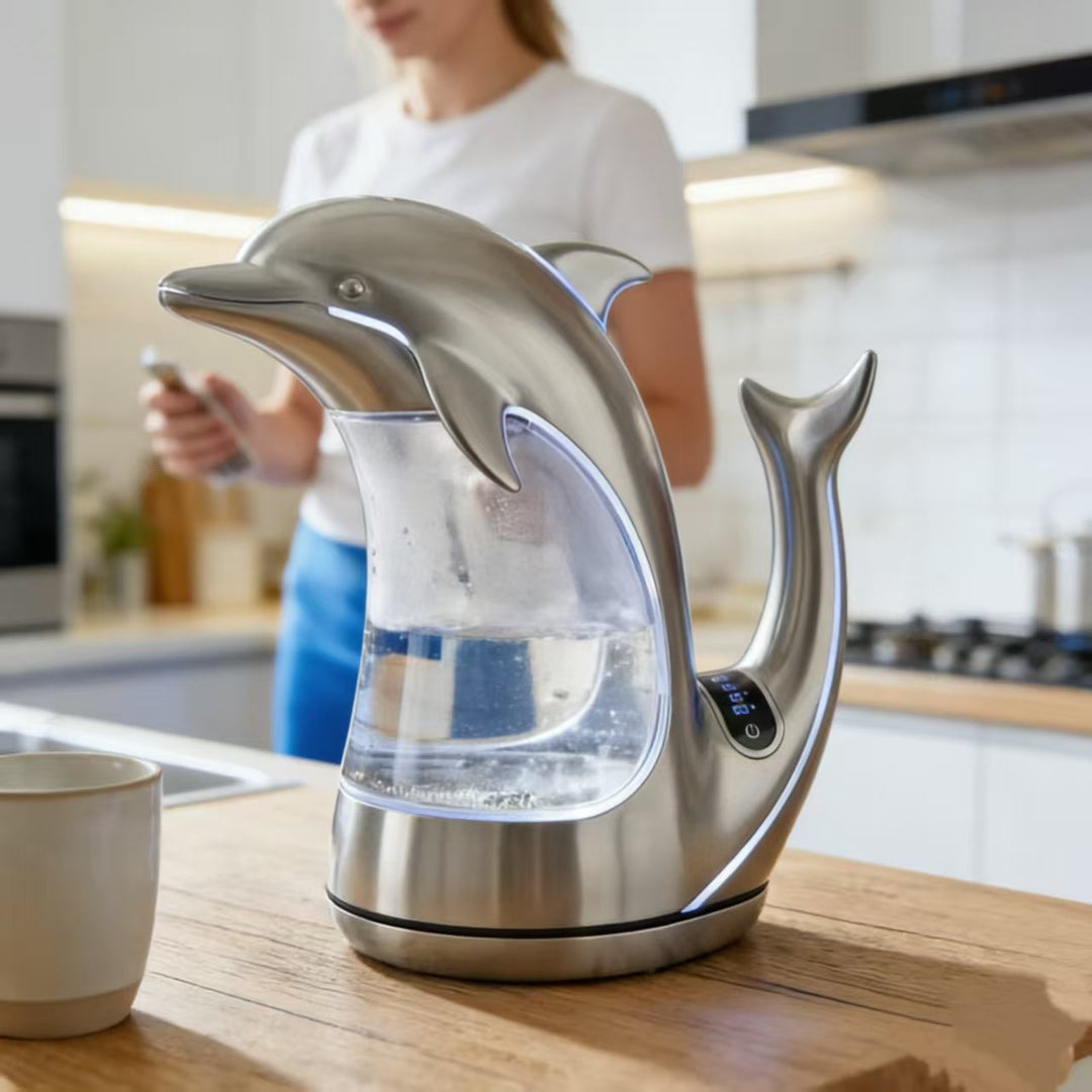 Unik vattenkokare med lekfull delfin- och hajdesign. En färgglad köksinredningsdetalj som livar upp köket.