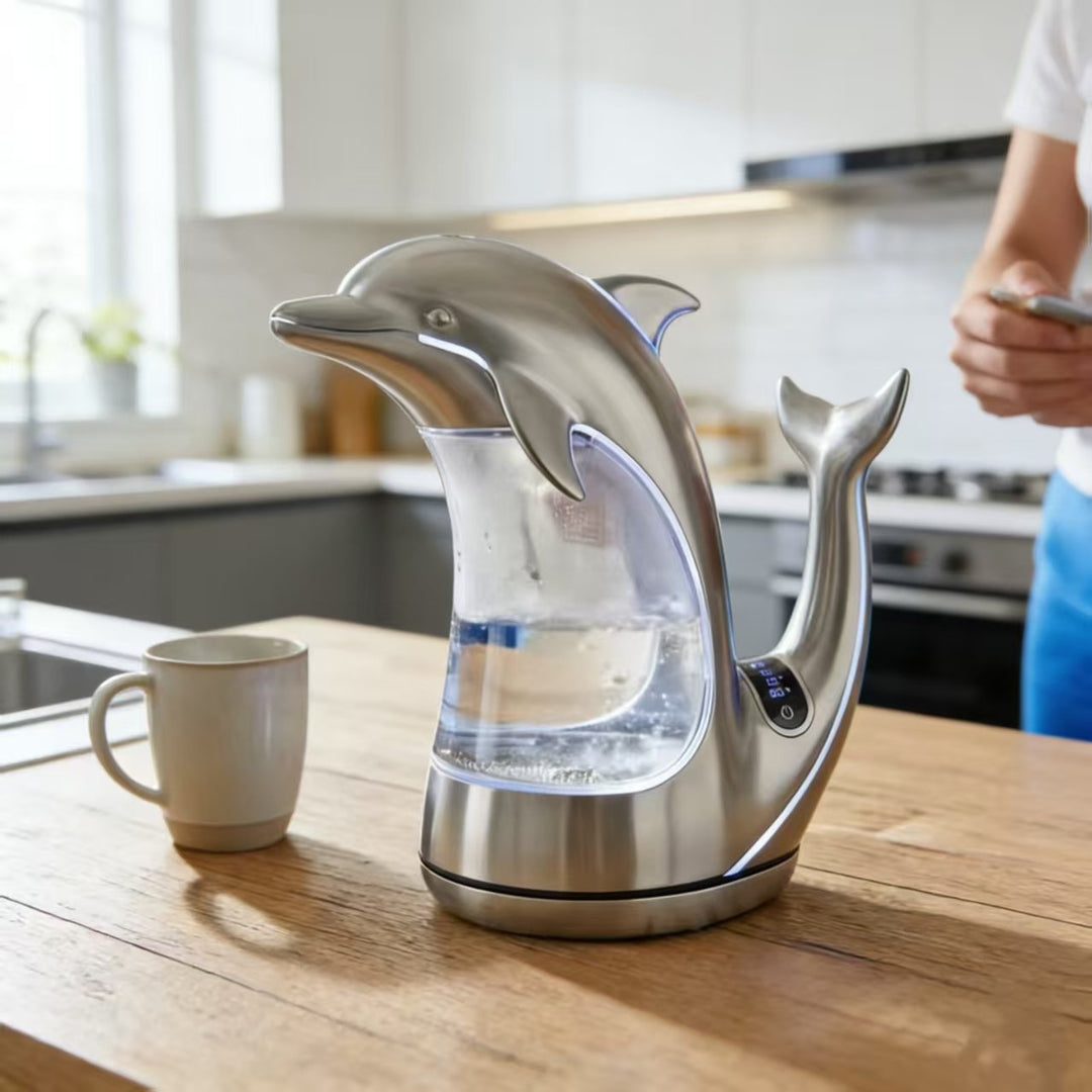Charmig vattenkokare med delfin- och hajmotiv. Perfekt presenttips för den som älskar havstema och unik design.