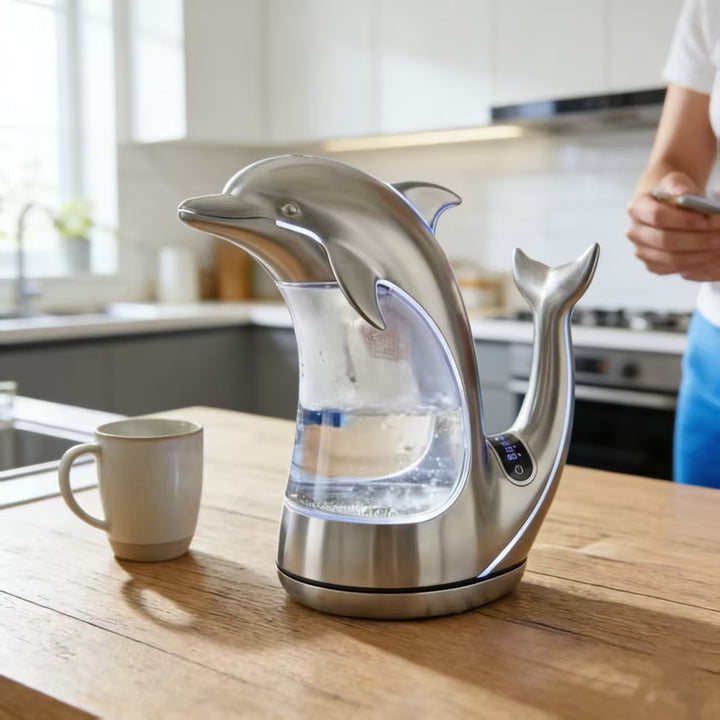 Charmig vattenkokare med delfin- och hajmotiv. Perfekt presenttips för den som älskar havstema och unik design.