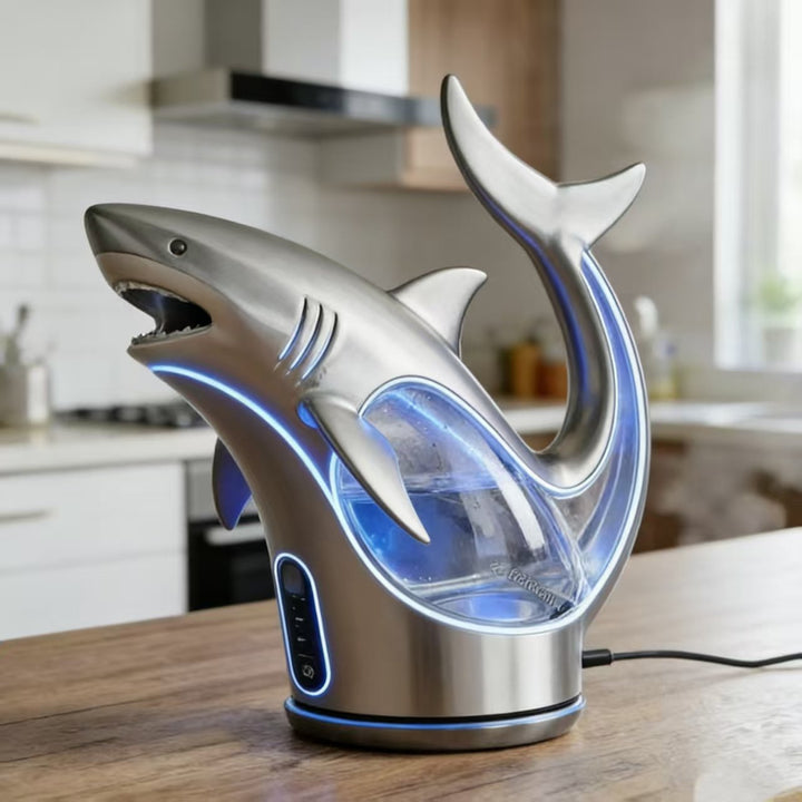 Modern köksapparat, en vattenkokare med fantasifullt havstema. Design med lekfulla delfiner och hajar.