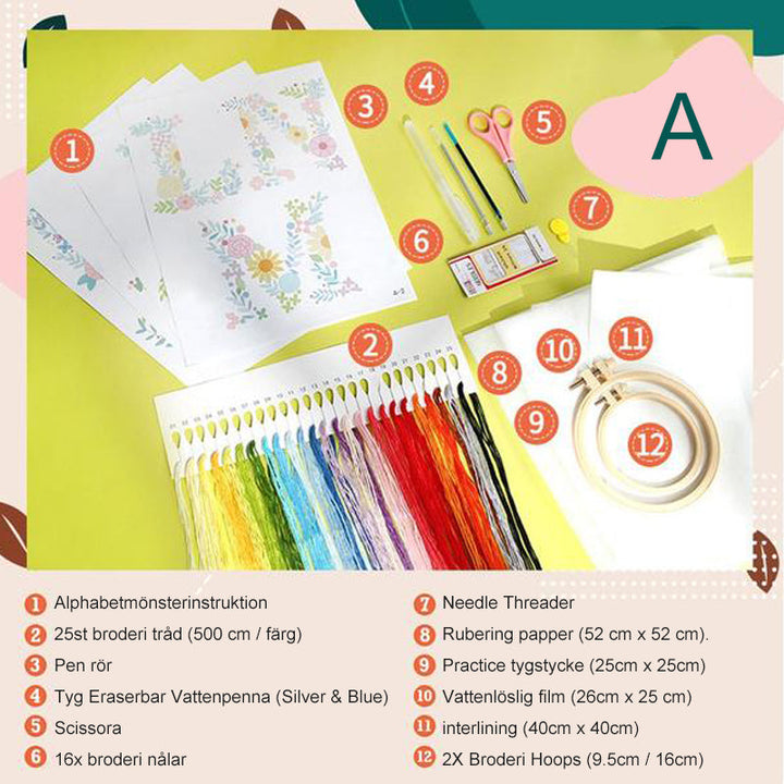 "Leksak DIY broderi set med levande färger, färgglada trådar och mönster för personlig prägel på kläder och accessoarer."