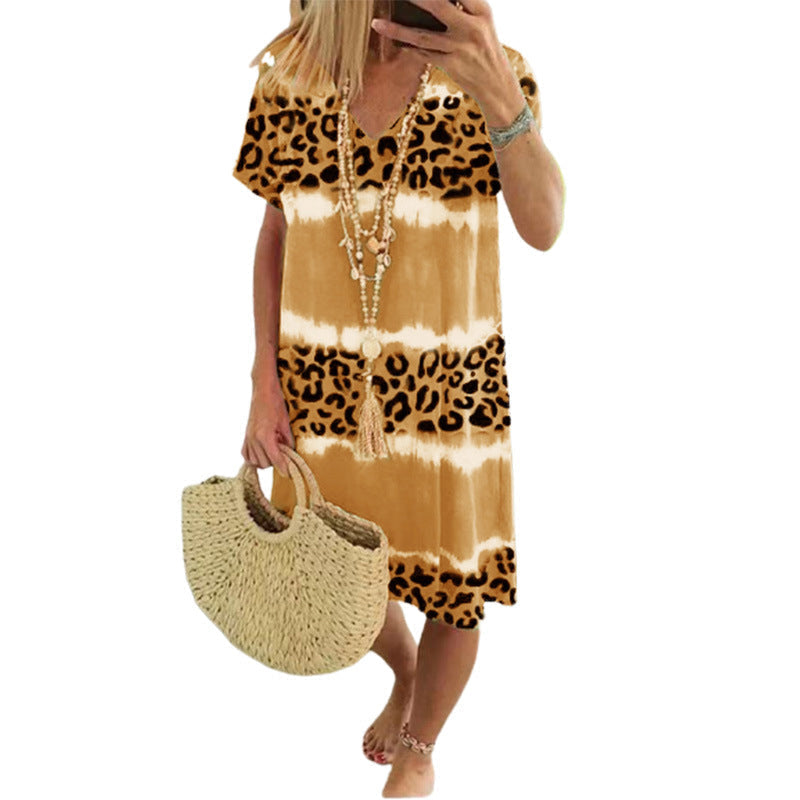 "Leopardmönstrad klänning för kvinnor, sexig avslappnad midi-stil, brun och svart design"