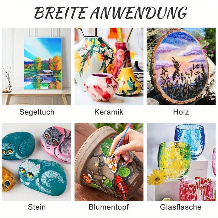 Komplett färgset med 18 akrylfärger och 10 penslar. Perfekt för målning, konst och hobbyprojekt. Vattenbeständig.