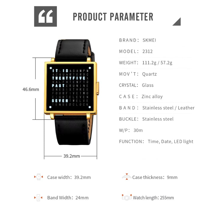Olika varianter av LexoTime textklockor, visar unisex modeller med digital display och design.