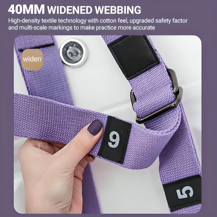 Lila yogahängmatta för flexibilitet & styrketräning. Utmärkt för yoga, djupa sträckningar och effektiv hemmaträning.
