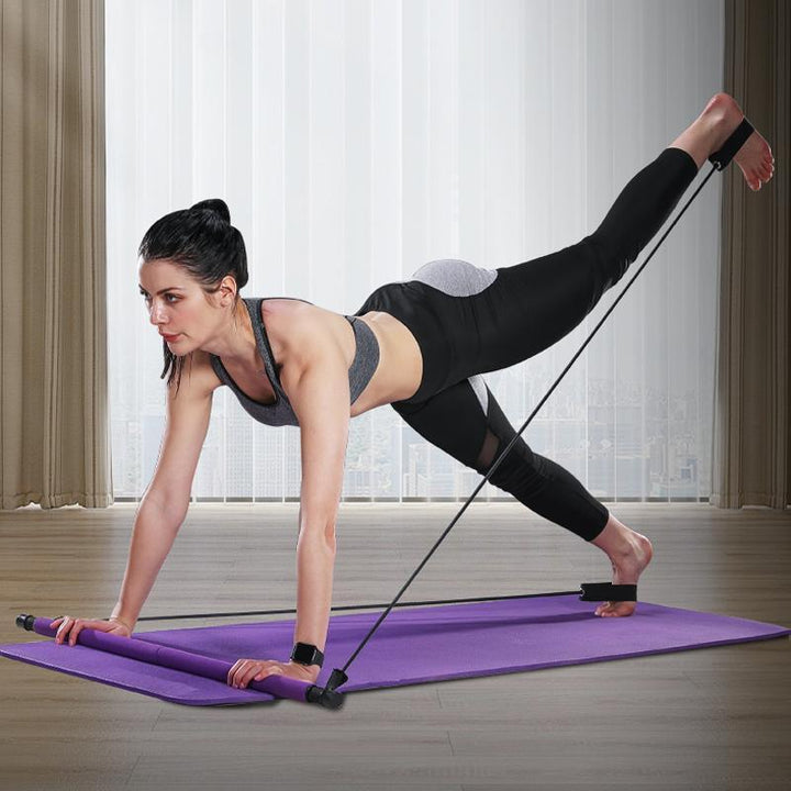 "Lila Pilates träningsband för hemmabruk med motstånd, tvådelad stång, elastiska band, perfekt för varierad workout."