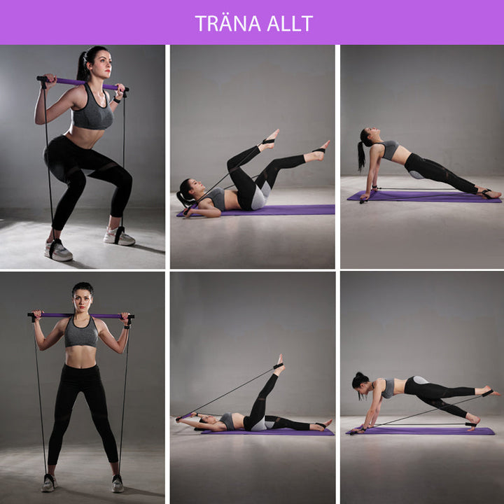 "Lila Pilates träningsband för hemmabruk med motstånd, tvådelad stång, elastiska band, perfekt för varierad workout."