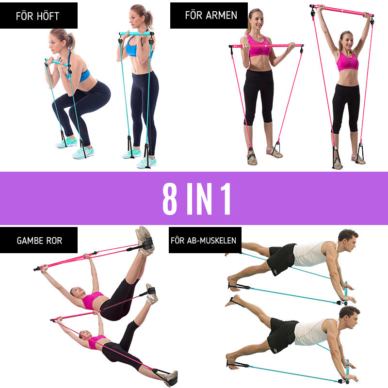 "Lila Pilates träningsband för hemmabruk med motstånd, tvådelad stång, elastiska band, perfekt för varierad workout."