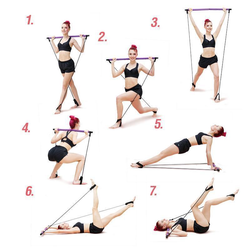 "Lila Pilates träningsband för hemmabruk med motstånd, tvådelad stång, elastiska band, perfekt för varierad workout."