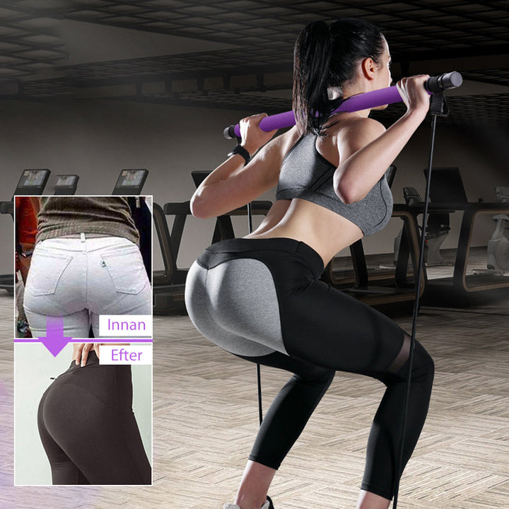 "Lila Pilates träningsband för hemmabruk med motstånd, tvådelad stång, elastiska band, perfekt för varierad workout."